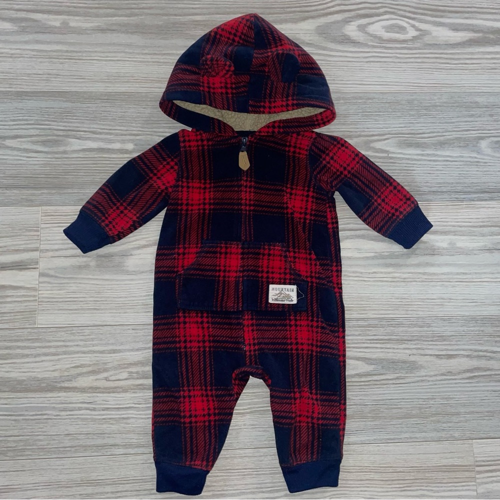 Carter’s Baby Boys 1PC Fleece Romper 3M Hood with Ears Blue & Red Plaid Zip